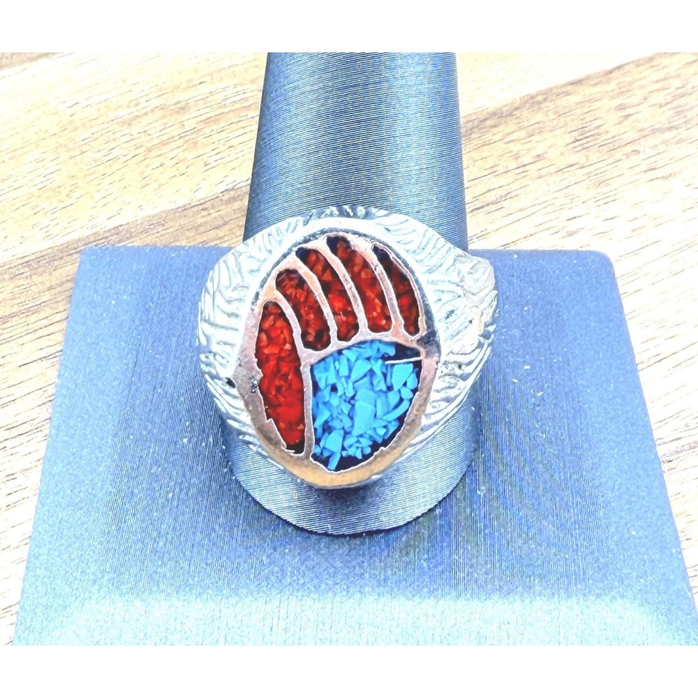 Vintage Bear Paw Ring Size 12.5 Crushed Turquoise Coral Chip Inlay Western Biker